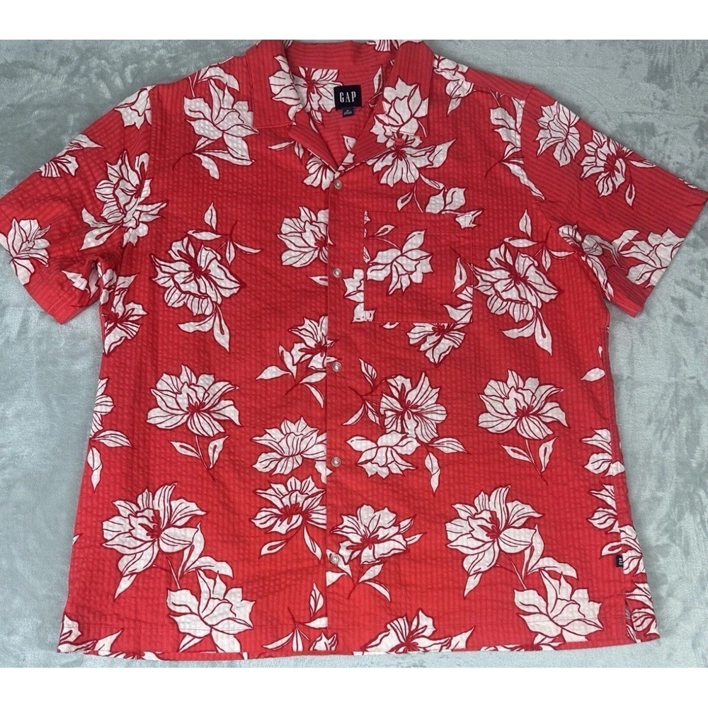Gap Shirt Mens XL Red Cotton Floral Button Up Short Sleeve Resort Vacay Beach